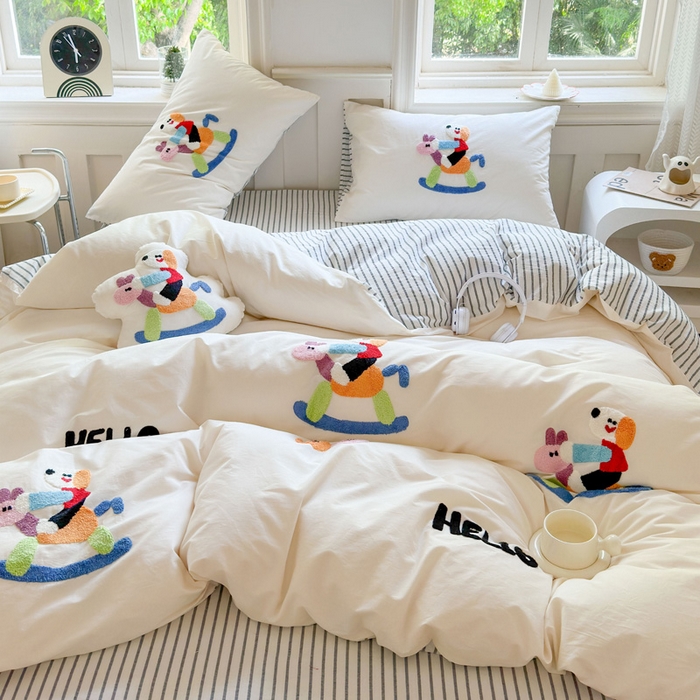 91家纺网 家纺一手货源 找家纺 宏羽纺家纺 2024新款全棉水洗棉贴布绣四件套 摇摇乐