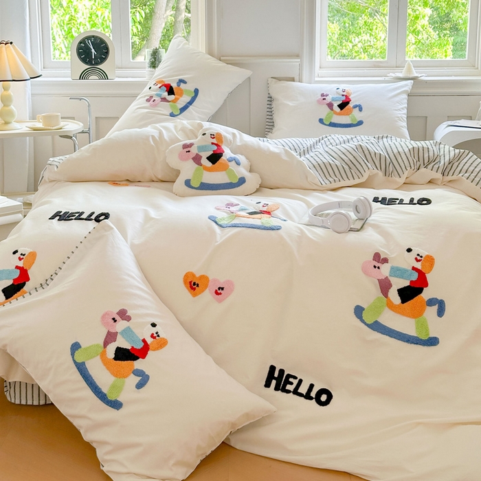 91家纺网 家纺一手货源 找家纺 宏羽纺家纺 2024新款全棉水洗棉贴布绣四件套 摇摇乐