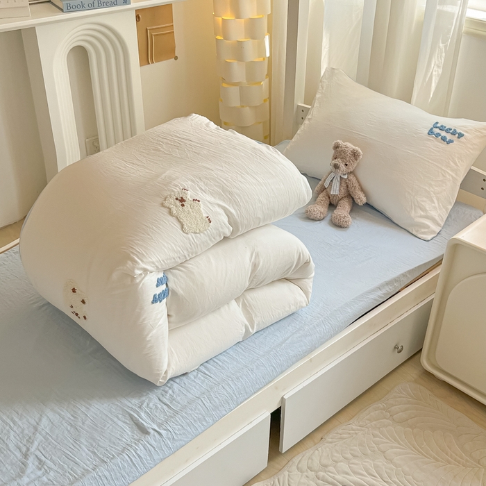 91家纺网 家纺一手货源 找家纺 韩巢家纺 2024新款学生宿舍寝室上下铺超柔水洗棉毛巾绣单件被套-小白熊（提供卖家秀） 小白熊 白蓝