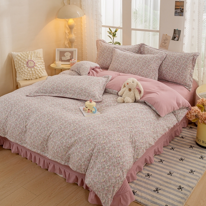 91家纺网 家纺一手货源 找家纺 富之航家纺 2024新款小清新床盖四件套公主风提花针织棉床盖四件套套 雾里花