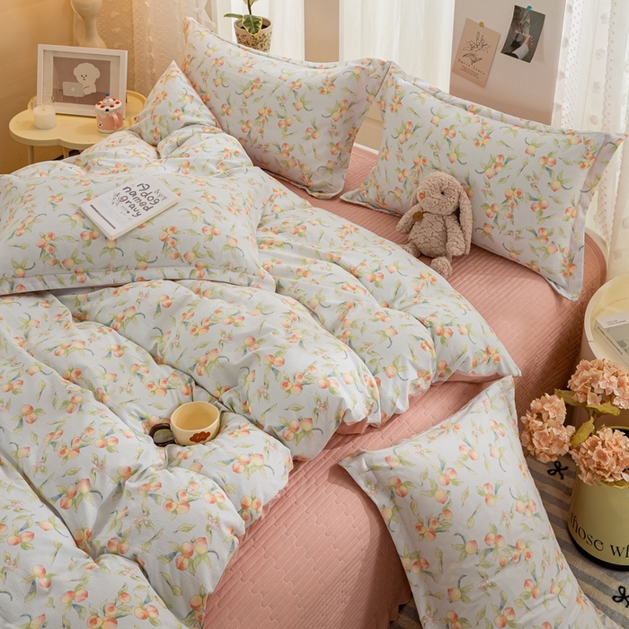 91家纺网 家纺一手货源 找家纺 富之航家纺2024新款小清新床盖四件套公主风提花针织棉床盖四件套 蜜桃