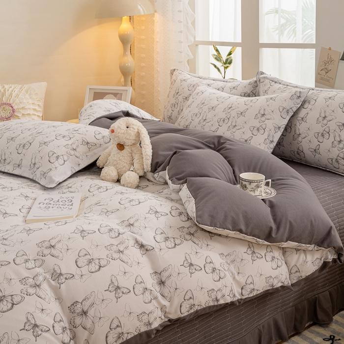 91家纺网 家纺一手货源 找家纺 富之航家纺 2024新款小清新床盖四件套公主风提花针织棉床盖四件套 梦蝶