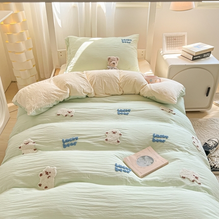 91家纺网 家纺一手货源 找家纺 韩巢家纺 2024新款学生宿舍寝室上下铺超柔水洗棉毛巾绣单件被套-小白熊（提供卖家秀） 小白熊 浅绿黄