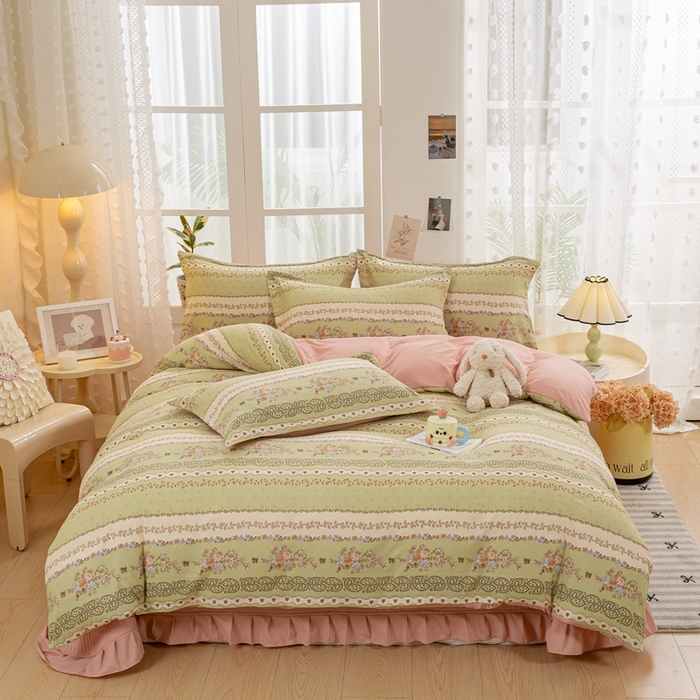 91家纺网 家纺一手货源 找家纺 富之航家纺 2024新款小清新床盖四件套公主风提花针织棉床盖四件套 复苏