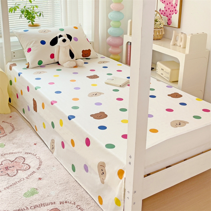 91家纺网 家纺一手货源 找家纺 名兮家居 2024新款学生床上下铺全棉床单  波点小熊