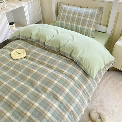 （总）盛秋家纺 2025新款水洗棉卡通学生宿舍格子三件套四件套