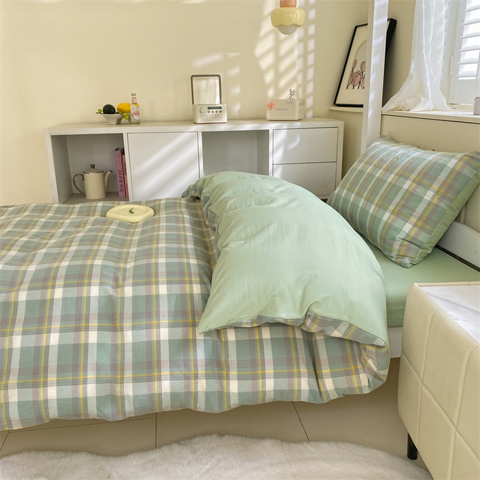 91家纺网 家纺一手货源 找家纺 （总）盛秋家纺 2025新款水洗棉卡通学生宿舍格子三件套四件套