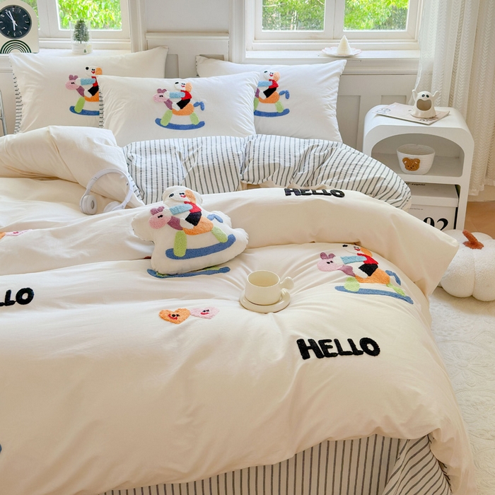 91家纺网 家纺一手货源 找家纺 宏羽纺家纺 2024新款全棉水洗棉贴布绣四件套 摇摇乐