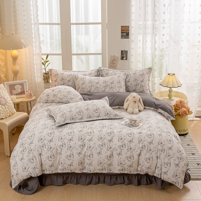 91家纺网 家纺一手货源 找家纺 富之航家纺 2024新款小清新床盖四件套公主风提花针织棉床盖四件套 梦蝶