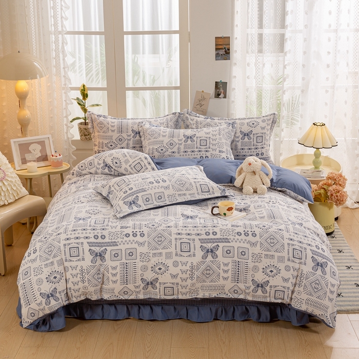 91家纺网 家纺一手货源 找家纺 富之航家纺 2024新款小清新床盖四件套公主风提花针织棉床盖四件套 蓝图