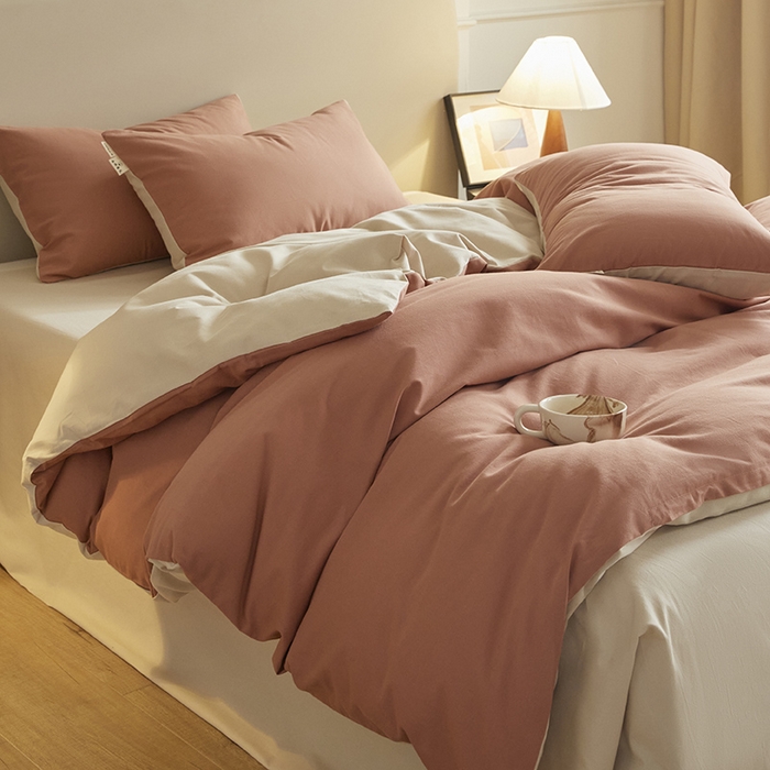 91家纺网 家纺一手货源 找家纺 澳梵家居 2024新款秋冬纯色全棉磨毛四件套--素色如锦系列 珊瑚橙-奶白