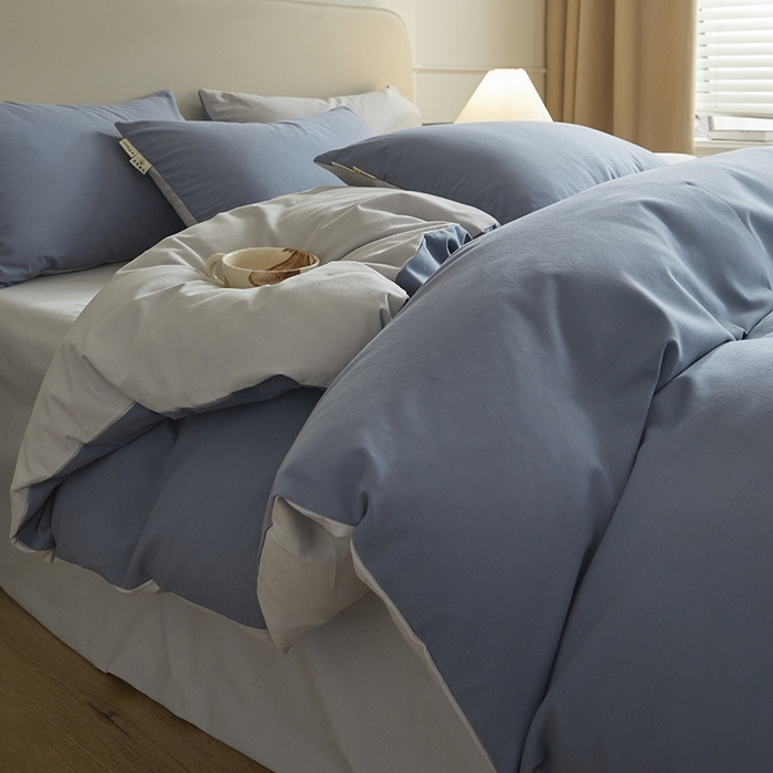 91家纺网 家纺一手货源 找家纺 澳梵家居 2024新款秋冬纯色全棉磨毛四件套--素色如锦系列 半岛蓝-幻影灰