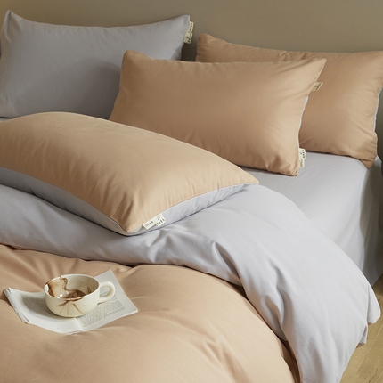 澳梵家居 2024新款秋冬纯色全棉磨毛四件套--素色如锦系列 南瓜橘-幻影灰