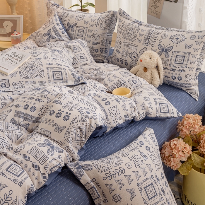 91家纺网 家纺一手货源 找家纺 富之航家纺 2024新款小清新床盖四件套公主风提花针织棉床盖四件套 蓝图