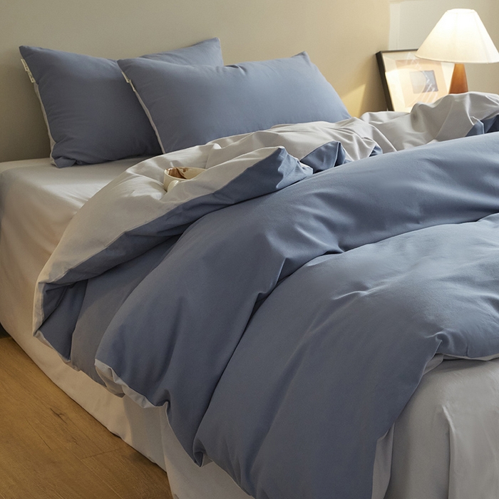 91家纺网 家纺一手货源 找家纺 澳梵家居 2024新款秋冬纯色全棉磨毛四件套--素色如锦系列 半岛蓝-幻影灰