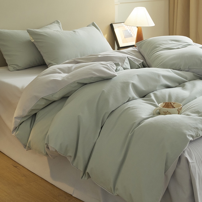 91家纺网 家纺一手货源 找家纺 澳梵家居 2024新款秋冬纯色全棉磨毛四件套--素色如锦系列 锦绣绿-幻影灰