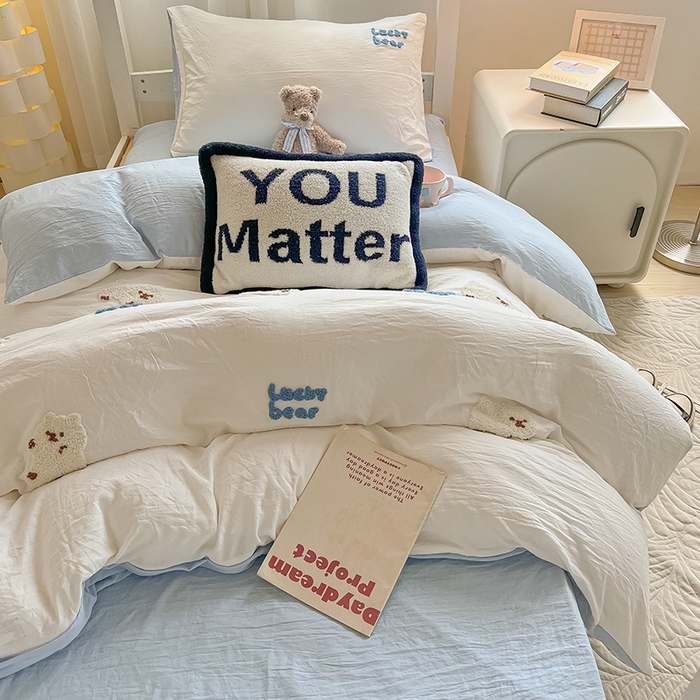 91家纺网 家纺一手货源 找家纺 韩巢家纺 2024新款学生宿舍寝室上下铺超柔水洗棉毛巾绣单件被套-小白熊（提供卖家秀） 小白熊 白蓝