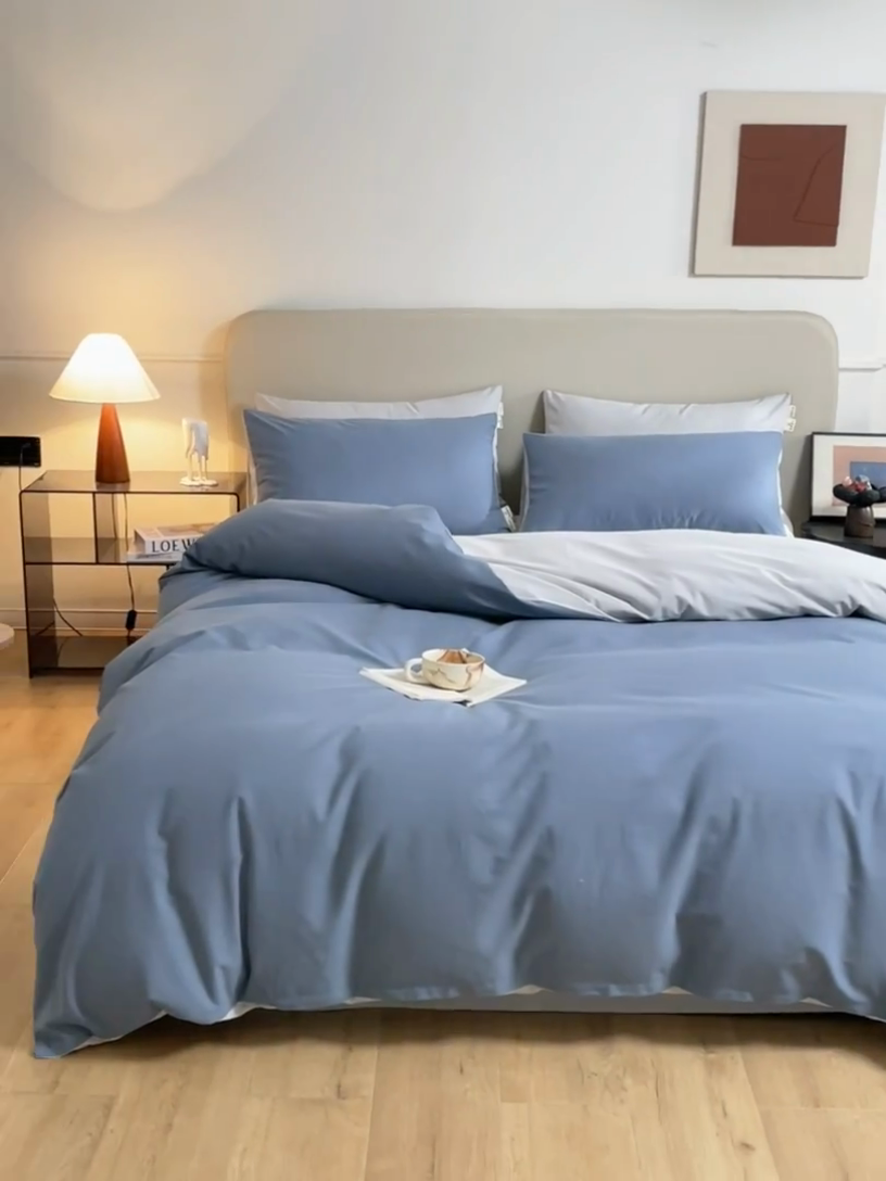91家纺网 家纺一手货源 找家纺 澳梵家居 2024新款秋冬纯色全棉磨毛四件套--素色如锦系列 半岛蓝-幻影灰
