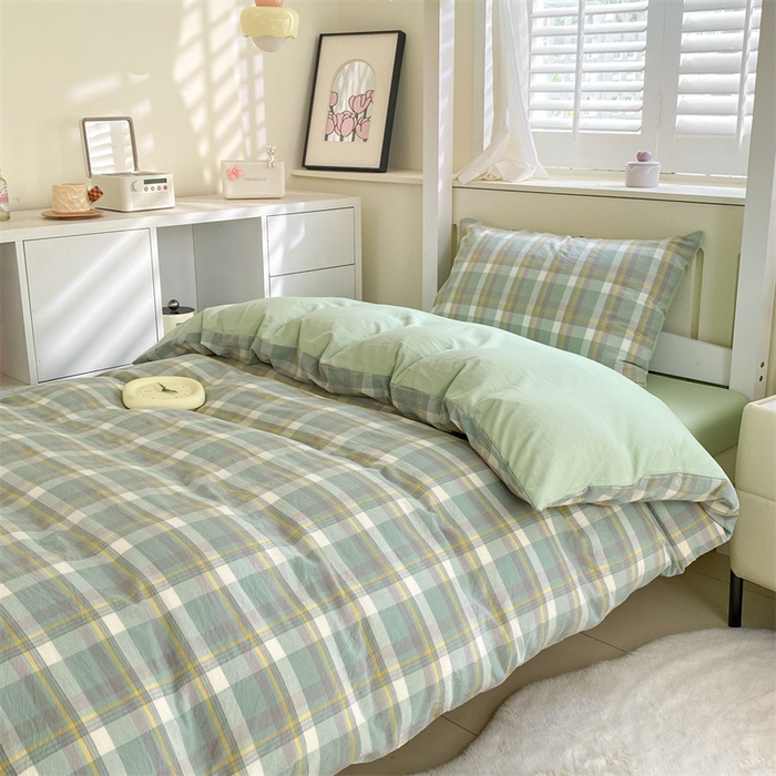 91家纺网 家纺一手货源 找家纺 （总）盛秋家纺 2025新款水洗棉卡通学生宿舍格子三件套四件套