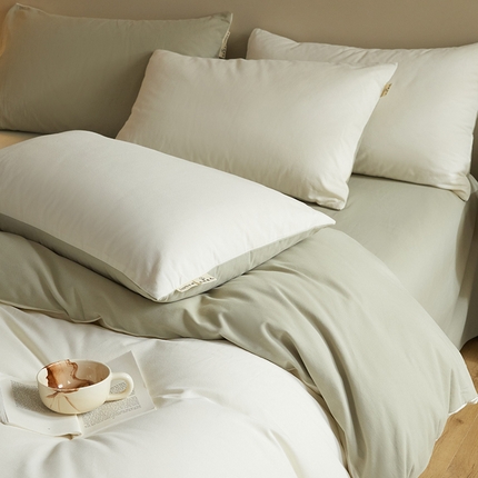 澳梵家居 2024新款秋冬纯色全棉磨毛四件套--素色如锦系列 奶白-冷杉绿