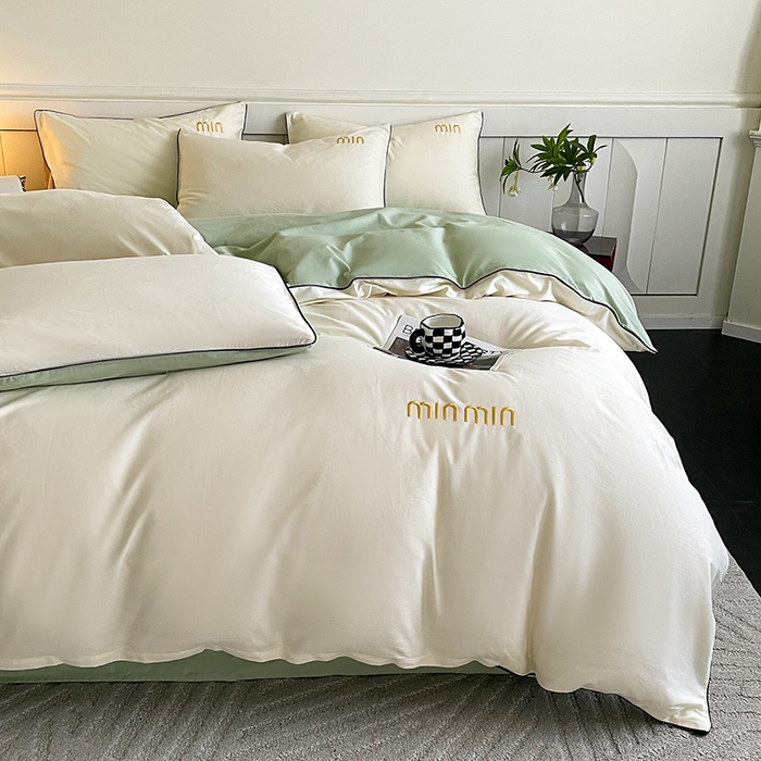 91家纺网 家纺一手货源 找家纺 澳梵家居 2024新款全棉嵌绳四件套--minmin系列 minmin奶昔白-清风绿