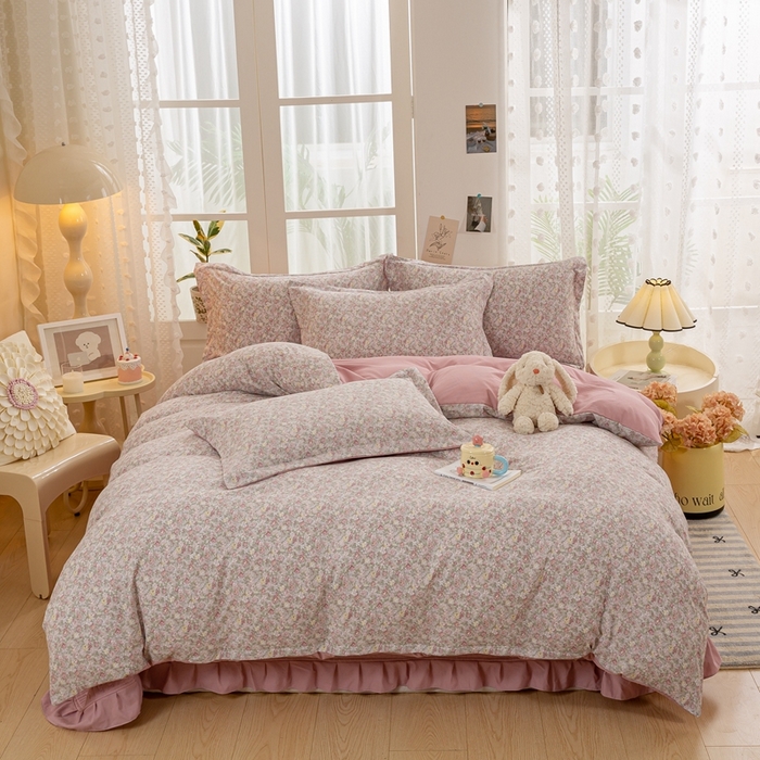 91家纺网 家纺一手货源 找家纺 富之航家纺 2024新款小清新床盖四件套公主风提花针织棉床盖四件套套 雾里花