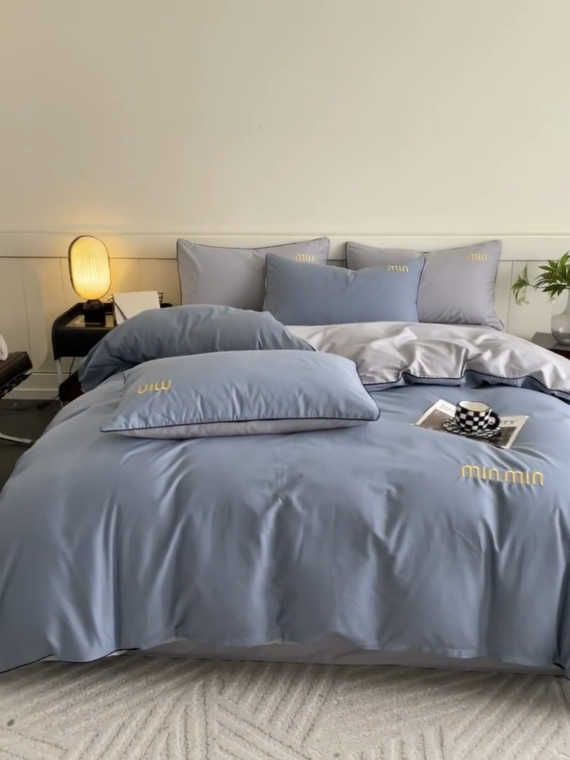 91家纺网 家纺一手货源 找家纺 澳梵家居 2024新款全棉嵌绳四件套--minmin系列 minmin绅士蓝灰