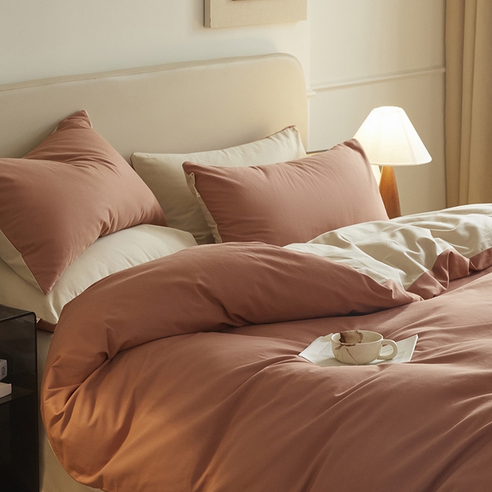 91家纺网 家纺一手货源 找家纺 澳梵家居 2024新款秋冬纯色全棉磨毛四件套--素色如锦系列 珊瑚橙-奶白