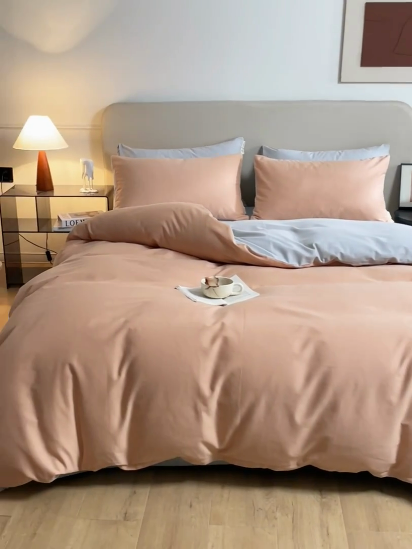 91家纺网 家纺一手货源 找家纺 澳梵家居 2024新款秋冬纯色全棉磨毛四件套--素色如锦系列 南瓜橘-幻影灰