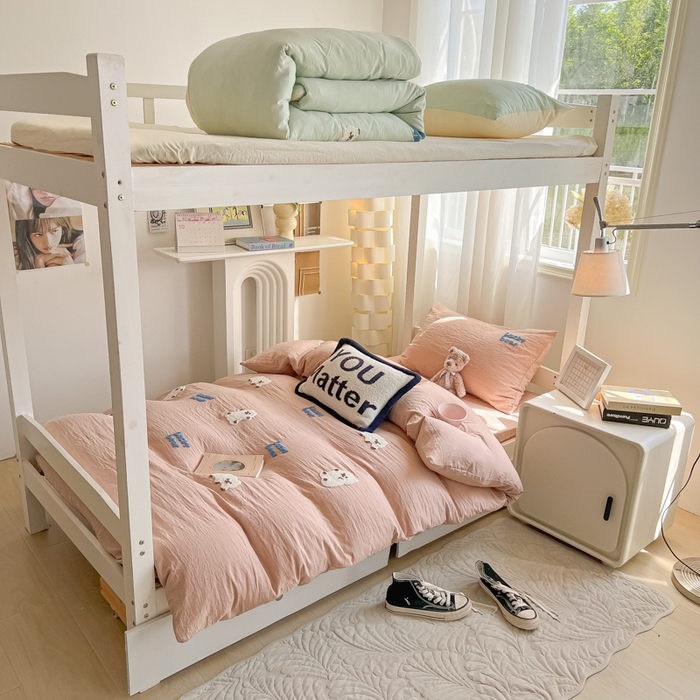 91家纺网 家纺一手货源 找家纺 韩巢家纺 2024新款学生宿舍寝室上下铺超柔水洗棉毛巾绣被套床单三件套-小白熊（提供卖家秀） 小白熊 浅咖