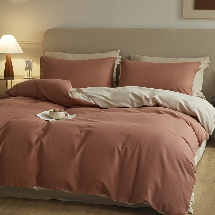 91家纺网 家纺一手货源 找家纺 澳梵家居 2024新款秋冬纯色全棉磨毛四件套--素色如锦系列 珊瑚橙-奶白