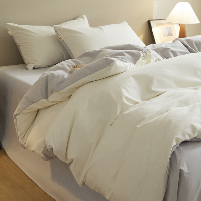 91家纺网 家纺一手货源 找家纺 澳梵家居 2024新款秋冬纯色全棉磨毛四件套--素色如锦系列 奶白-幻影灰