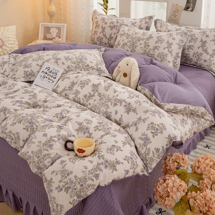 91家纺网 家纺一手货源 找家纺 富之航家纺 2024新款小清新床盖四件套公主风提花针织棉床盖四件套 清欢