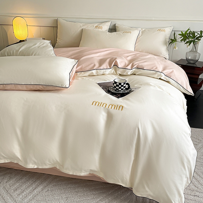 91家纺网 家纺一手货源 找家纺 澳梵家居 2024新款全棉嵌绳四件套--minmin系列 minmin奶昔白-白桃粉