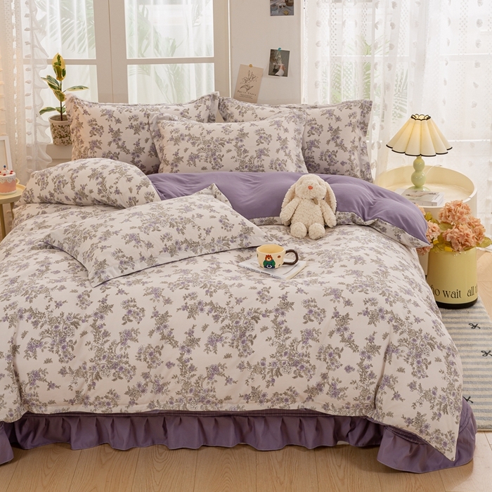 91家纺网 家纺一手货源 找家纺 富之航家纺 2024新款小清新床盖四件套公主风提花针织棉床盖四件套 清欢