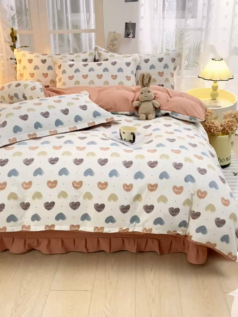 91家纺网 家纺一手货源 找家纺 富之航家纺 2024新款小清新床盖四件套公主风提花针织棉床盖四件套 比心