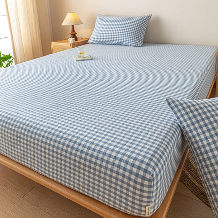 91家纺网 家纺一手货源 找家纺 卡伦家纺 2025全棉色织水洗棉单层床笠席梦思保护套 浅蓝小格