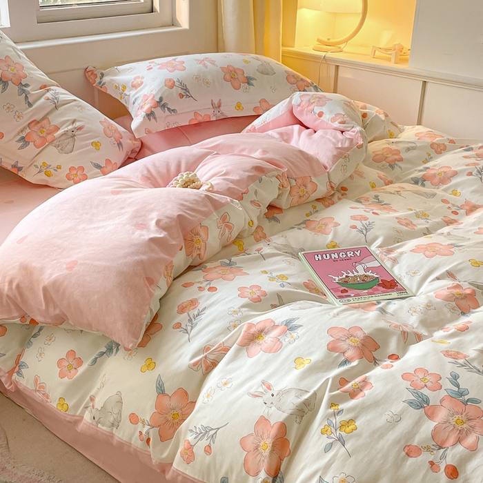 91家纺网 家纺一手货源 找家纺 2024新款全棉小清新印花单品套件--四件套 兔语馨