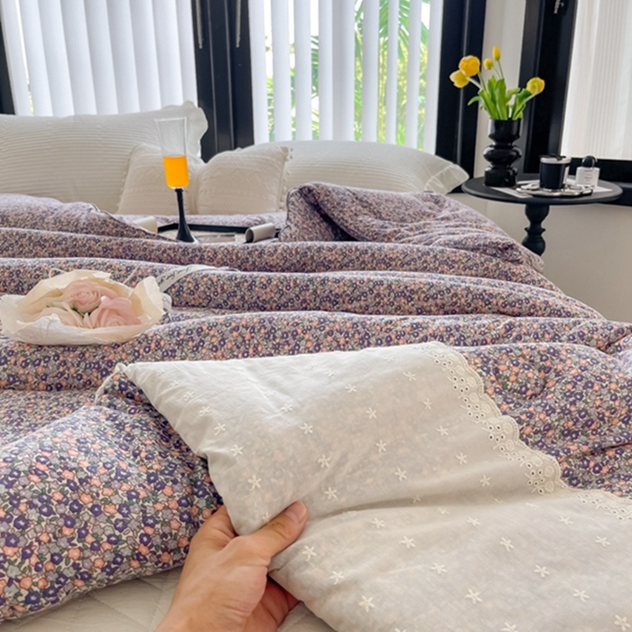 91家纺网 家纺一手货源 找家纺 莱豫家纺 2024新款法式复古针织花边夏被春秋被 紫梦