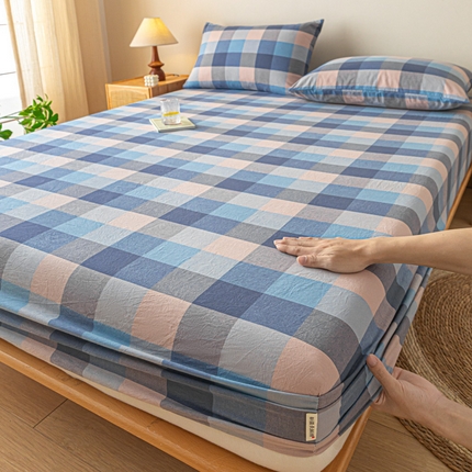 卡伦家纺 2025全棉色织水洗棉单层床笠席梦思保护套 英伦蓝