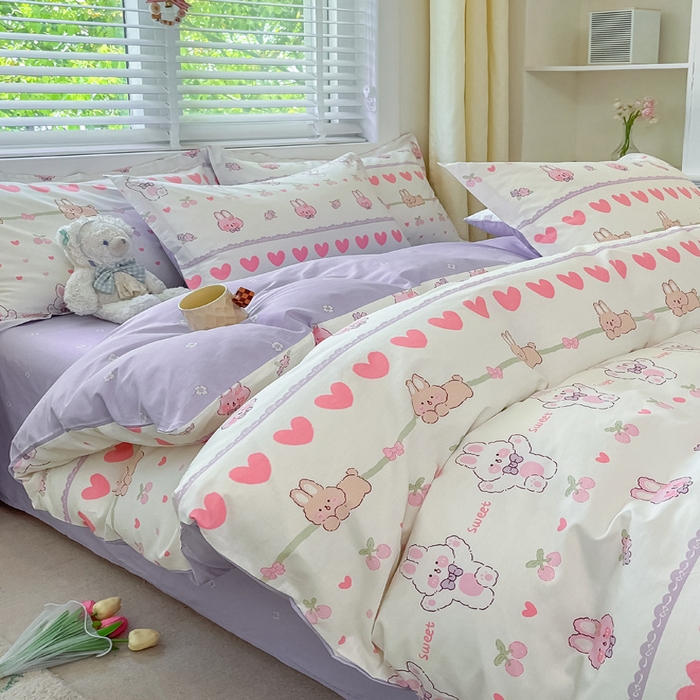 91家纺网 家纺一手货源 找家纺 2024新款全棉小清新印花单品套件--四件套 小兔念念