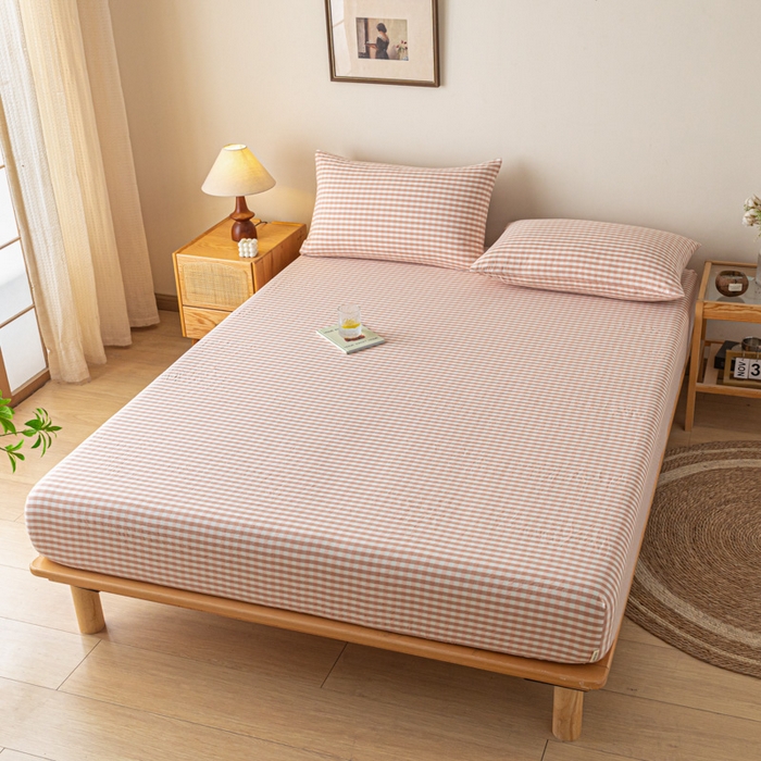 91家纺网 家纺一手货源 找家纺 卡伦家纺 2025全棉色织水洗棉单层床笠席梦思保护套 粉小格