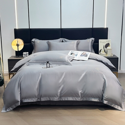 琉宿家纺 2025新款50s双股长绒棉绣花四件套 时尚格调-绅士灰