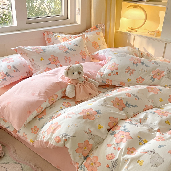 91家纺网 家纺一手货源 找家纺 2024新款全棉小清新印花单品套件--四件套 兔语馨