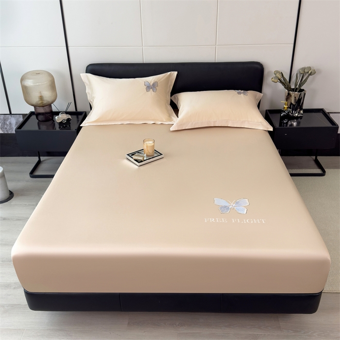 91家纺网 家纺一手货源 找家纺 鑫钰 2024秋冬新款全棉刺绣单层床笠单件枕套三件套-蝶舞 蝶舞-曲奇