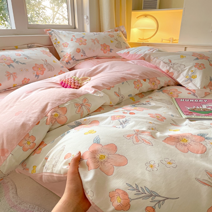 91家纺网 家纺一手货源 找家纺 2024新款全棉小清新印花单品套件--四件套 兔语馨