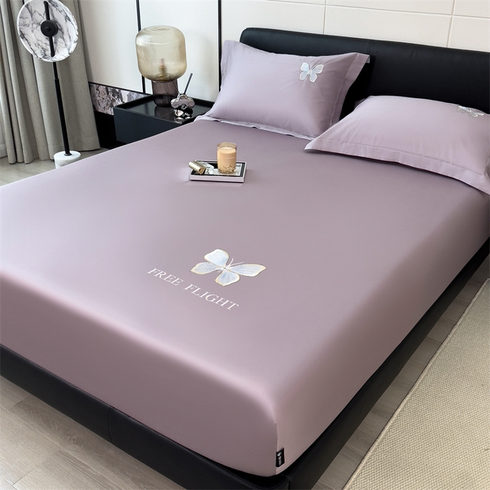 91家纺网 家纺一手货源 找家纺 鑫钰 2024秋冬新款全棉刺绣单层床笠单件枕套三件套-蝶舞 蝶舞-紫灰