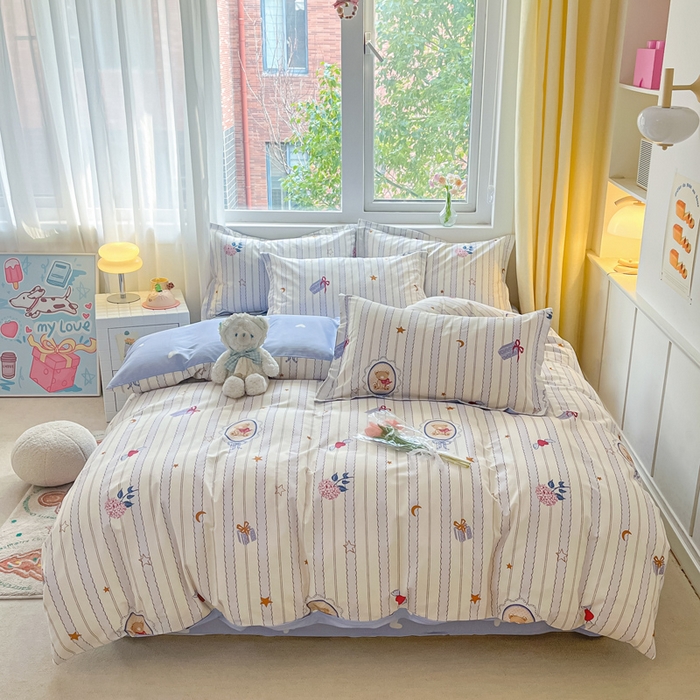 91家纺网 家纺一手货源 找家纺 2024新款全棉小清新印花单品套件--四件套 图蓝朵朵