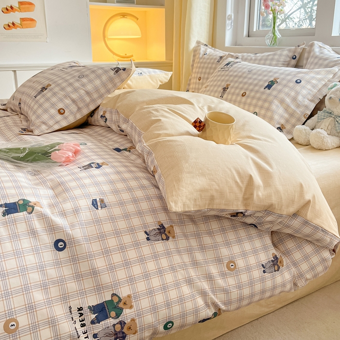 91家纺网 家纺一手货源 找家纺 2024新款全棉小清新印花单品套件--四件套 小熊乐园