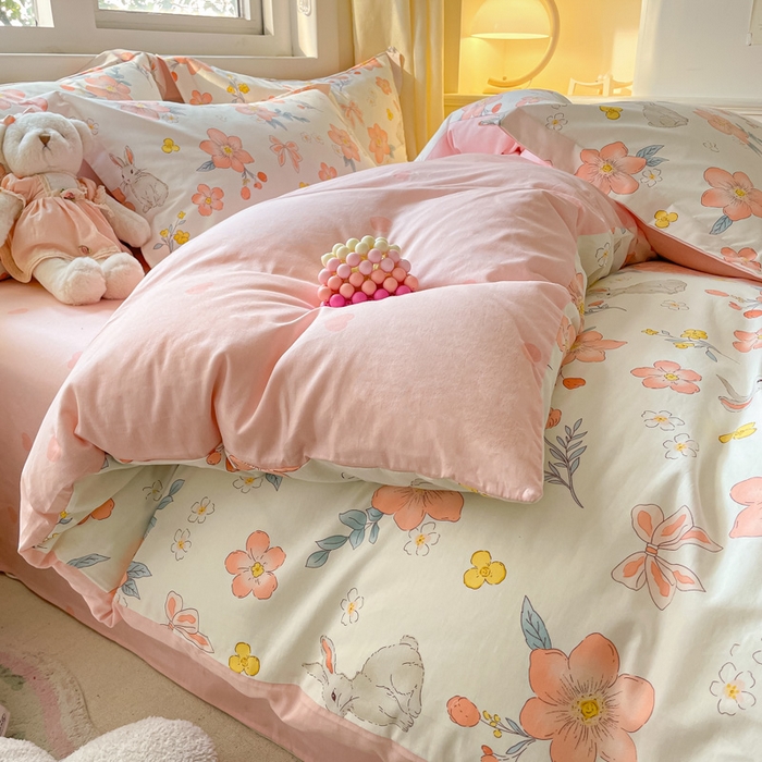 91家纺网 家纺一手货源 找家纺 2024新款全棉小清新印花单品套件--四件套 兔语馨